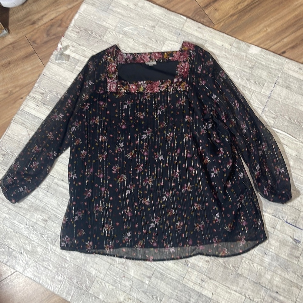 Black floral blouse lined metallic stripes